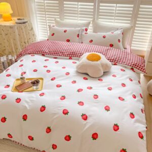 BlueBlue Strawberry Kids Duvet Cover Set Queen 100% Cotton Bedding for Boys Girls Teens Cartoon Red Strawberry Pattern 1 Fruit Full Comforter Cover 2 Pillow Shams (Queen)