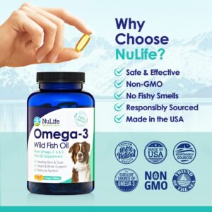 Pure Omega 3 Fish Oil for Dogs, Wild Caught from Iceland, Skin and Coat Supplement for Shedding, Dry Itchy Skin and Allergies, Rich in EPA + DHA with Omega 3, 6 & 9 Fatty Acids, 1000mg, 180 Capsules