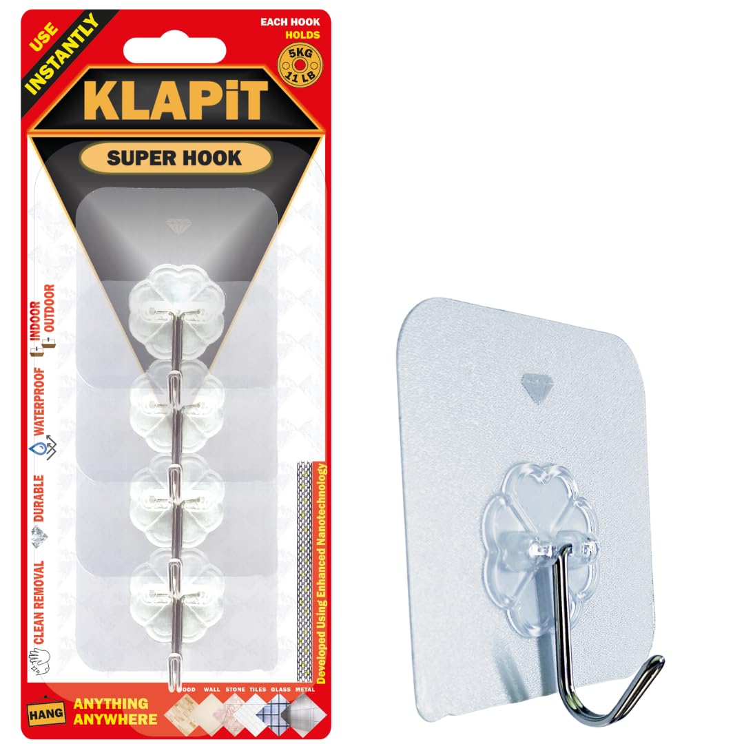 KLAPiT Super Hook - Heavy-Duty Adhesive Wall Hooks, Holds Up to 11 lbs, Waterproof, No Damage, Easy Install on Tile, Wood, Stone, Glass & Metal - Made of Steel (Clear, 4pc)