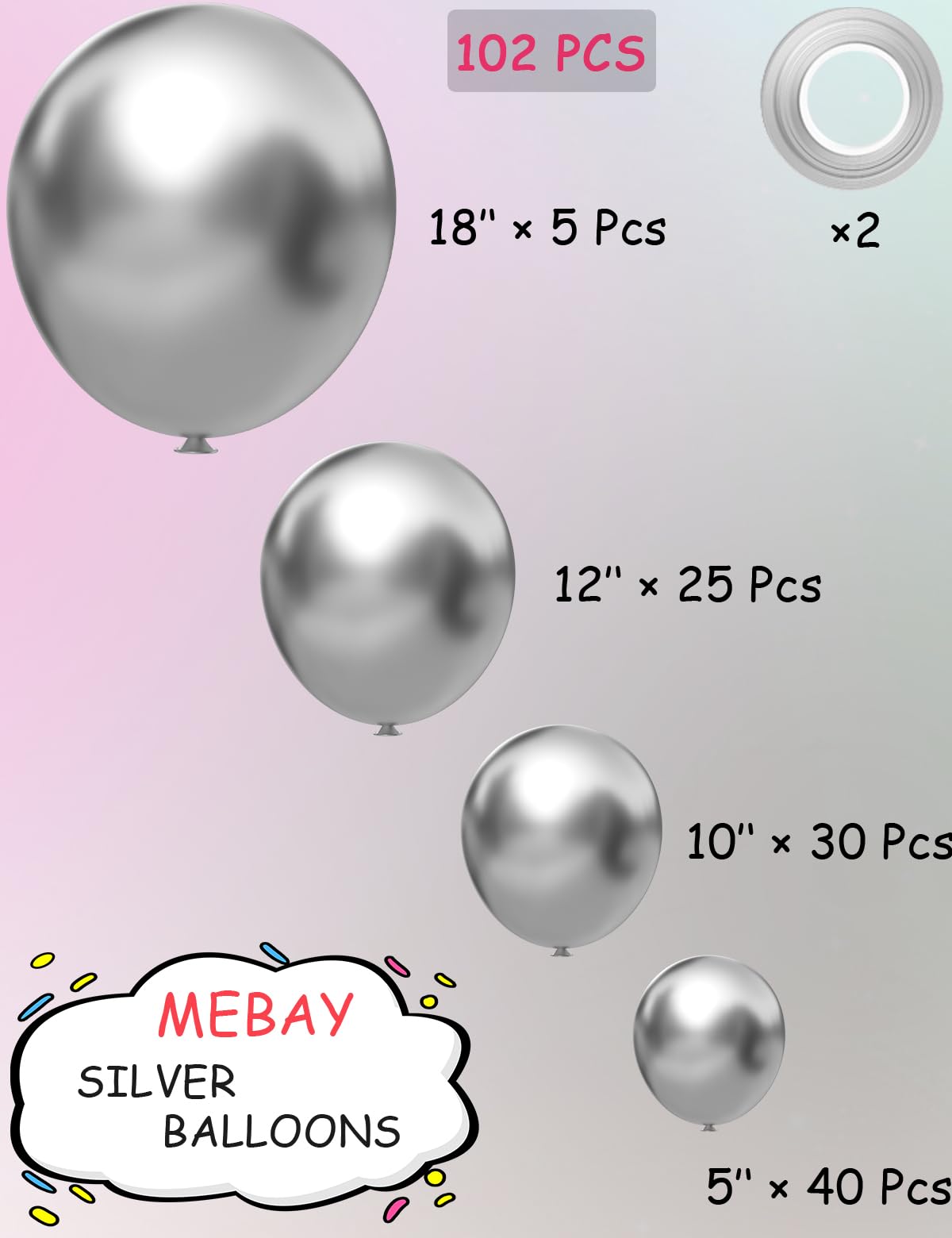 MOXMAY Metallic Sliver Balloons Different Sizes, 102 Pcs 18 12 10 5 inch Sliver Latex Chrome Balloon for Graduation Baby Shower Birthday Wedding Party Decorations