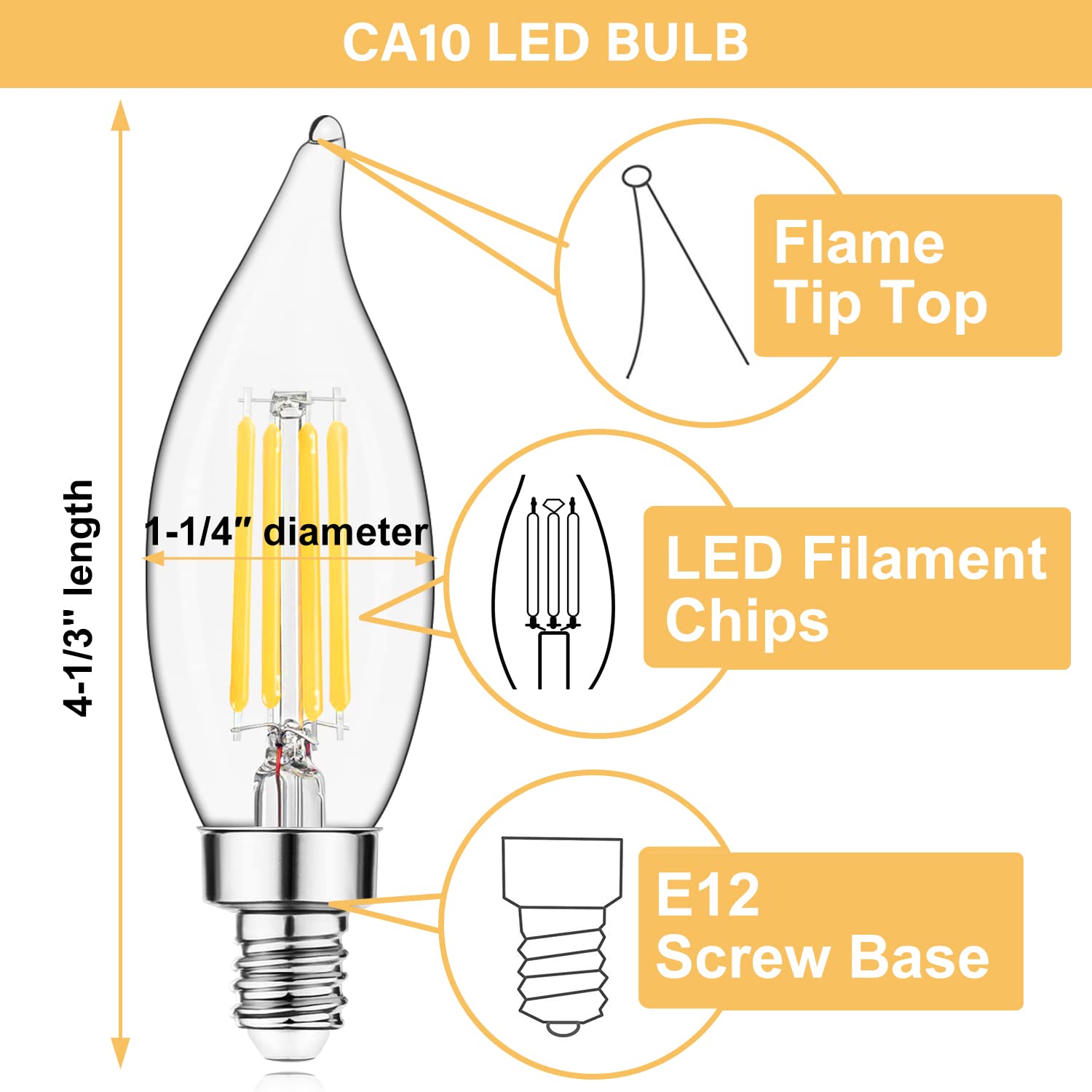 Sigalux E12 Candelabra Bulb 60W, LED Chandelier Light Bulbs Dimmable, Flame Tip CA10 Candle Light Bulbs, 4.5W, 500LM 2700K Soft White, E12 Bulb Candelabra Base, 16 Pack