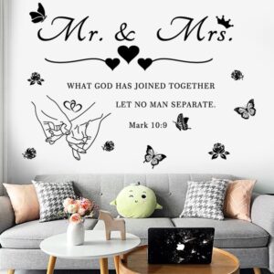 Mr. and Mrs. Wall Decals Wall Art Sticker Peel and Stick Wedding Sayings Art Lettering Stickers Hands with Hearts Romantic Wall Decor Wedding Anniversary Decor Bedroom Living Room Home Decor