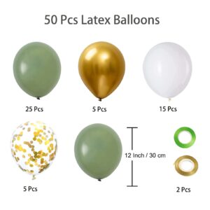 Sage Green Gold White Balloons Set, 50pcs 12 Inch Retro Sage Green Gold White Party Balloons Confetti Balloons with Ribbon for Birthday Wedding Baby Shower Graduation Eucalyptus Party Decorations