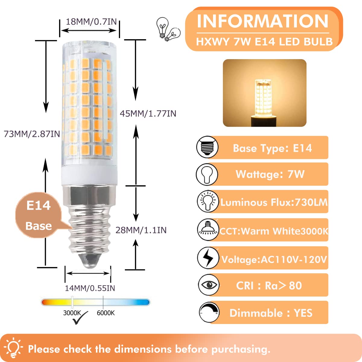 E14 LED Bulb 7W 120V European Light Bulbs Equivalent 75W Incandescent Bulb, Dimmable E14 Base for Cooker Hood Bulbs Turkish lamp Bulb, E14 Socket Light Bulb Warm White 3000K (2 Pack)