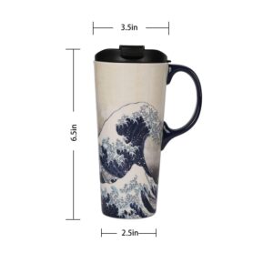 Topadorn Ceramic Coffee Mug Travel Cup Gift with Lid 17oz., Porcelain Tall Tea Cup with Handle for Home & Office, Wave Art Pattern Mug with Gift Box, 6.5''H