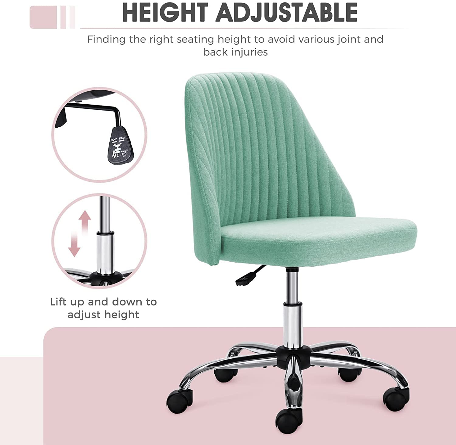 OLIXIS Home Office Desk Chair - Adjustable Rolling Chair, Armless Cute Modern Task Chair for Office, Home, Make Up,Small Space, Bed Room, Green,XX-2776-GN