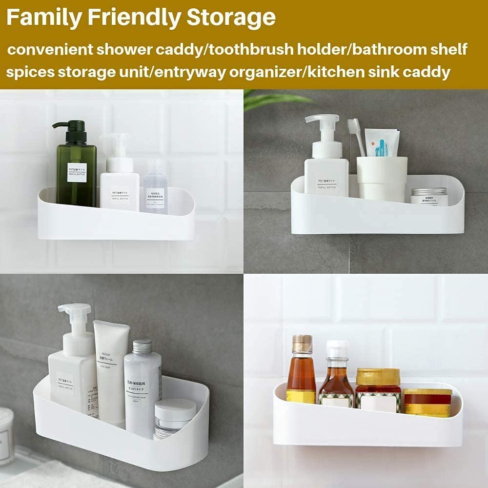 SUNFICON 2 Pack Adhesive Bathroom Shelf Organizer Shower Caddy No Drilling Shower Shelf Bath Essentials Shampoo Spice Holder 4 Clear Adhesives for Shower Room Bathroom Kitchen White