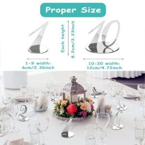 Rely2016 Mirrored Table Number, 1-20 Wedding Table Numbers Stands with Holder Base Acrylic Table Numbers Place Card Holders Reception Décor for Wedding Banquet Birthday Party Event Catering (Silver)