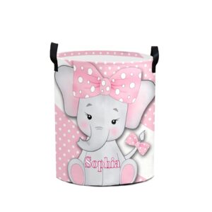 polka dot cute elephant large laundry basket custom name foldable clothes bag collapsible fabric laundry hamper folding washing bin for gift, 19.69 inches (height) x 14.17 inches (diameter)