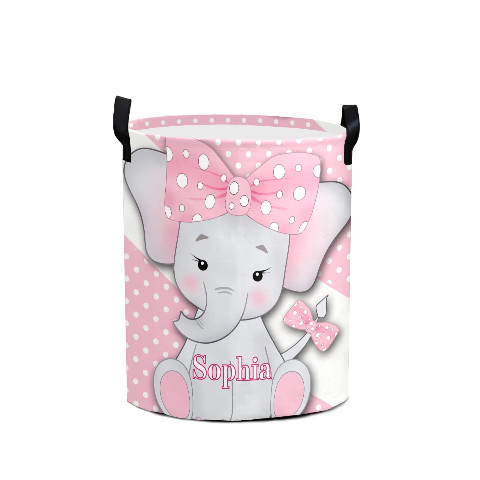 Polka Dot Cute Elephant Large Laundry Basket Custom Name Foldable Clothes Bag Collapsible Fabric Laundry Hamper Folding Washing Bin for Gift, 19.69 inches (height) x 14.17 inches (diameter)