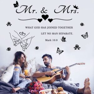 Mr. and Mrs. Wall Decals Wall Art Sticker Peel and Stick Wedding Sayings Art Lettering Stickers Hands with Hearts Romantic Wall Decor Wedding Anniversary Decor Bedroom Living Room Home Decor