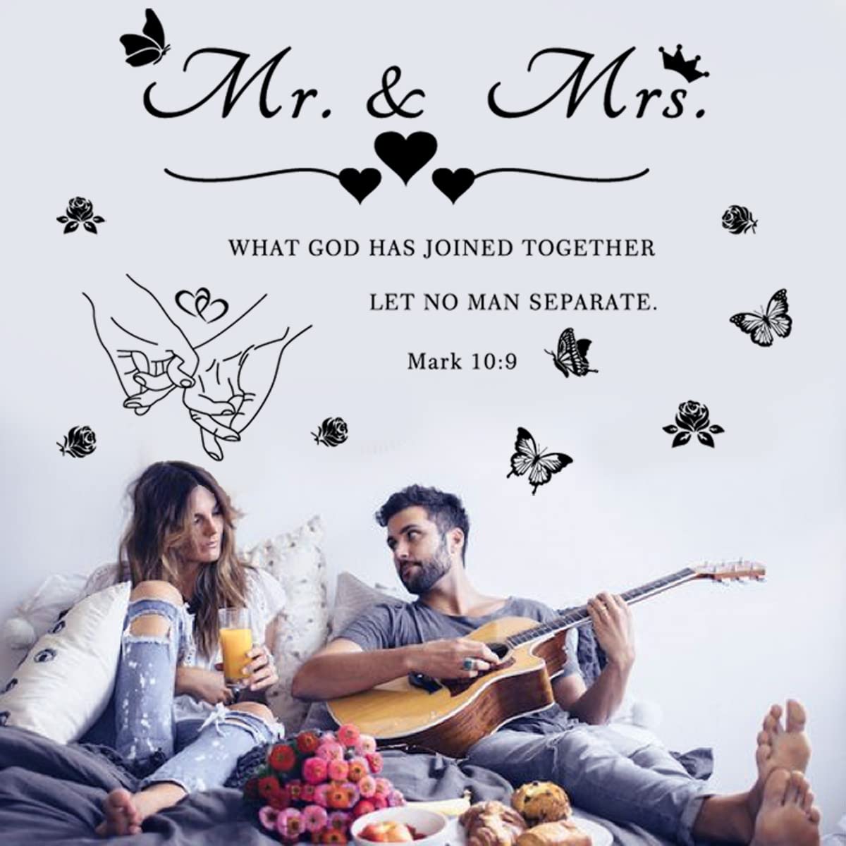 Mr. and Mrs. Wall Decals Wall Art Sticker Peel and Stick Wedding Sayings Art Lettering Stickers Hands with Hearts Romantic Wall Decor Wedding Anniversary Decor Bedroom Living Room Home Decor