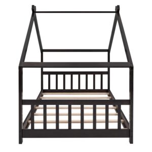 Harper & Bright Designs Kids House Beds Twin, Wooden Montessori Bed, Kids Twin House Bed with Headboard & Footboard, Twin Bed Frame for Kids Boys Girls Teens, No Box Spring Need (Twin, Espresso)