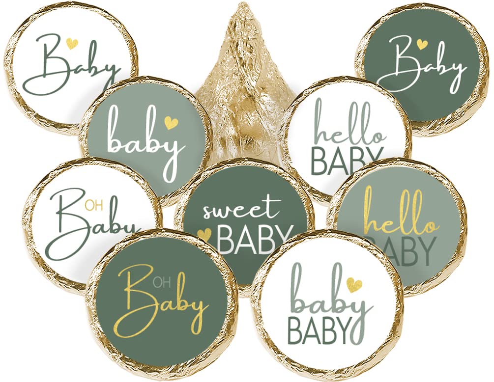 Green and Gold Baby Shower Party Favor Kisses Candy Stickers, Sweet Baby Party Favors - 180 Labels