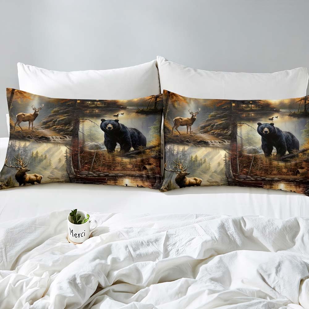 VIVIHOME 3PCS Black Bear Deer Bedding Set, Woodland Animals Elk Moose Wildlife Hunting Country Lodge Cabin Duvet Cover Set, Rustic Farmhouse Comforter Cover with 2 Pillowcases, Soft Microfiber, Queen