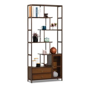 monibloom bamboo 7 tier staggered bookshelf etagere vintage bookcase display open shelf for home living room office bedroom, brown