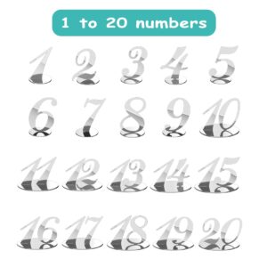 Rely2016 Mirrored Table Number, 1-20 Wedding Table Numbers Stands with Holder Base Acrylic Table Numbers Place Card Holders Reception Décor for Wedding Banquet Birthday Party Event Catering (Silver)