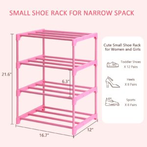 LNYZQUS Small Kids Shoe Rack, 4 Tier Pink Shoe Organizer Shoe Shelf for Closet,Stackable Narrow Shoe Stand Slim Zapateras Organizer,Cute Toddler Shoe Rack Floor for Women & Girls-Full Pink