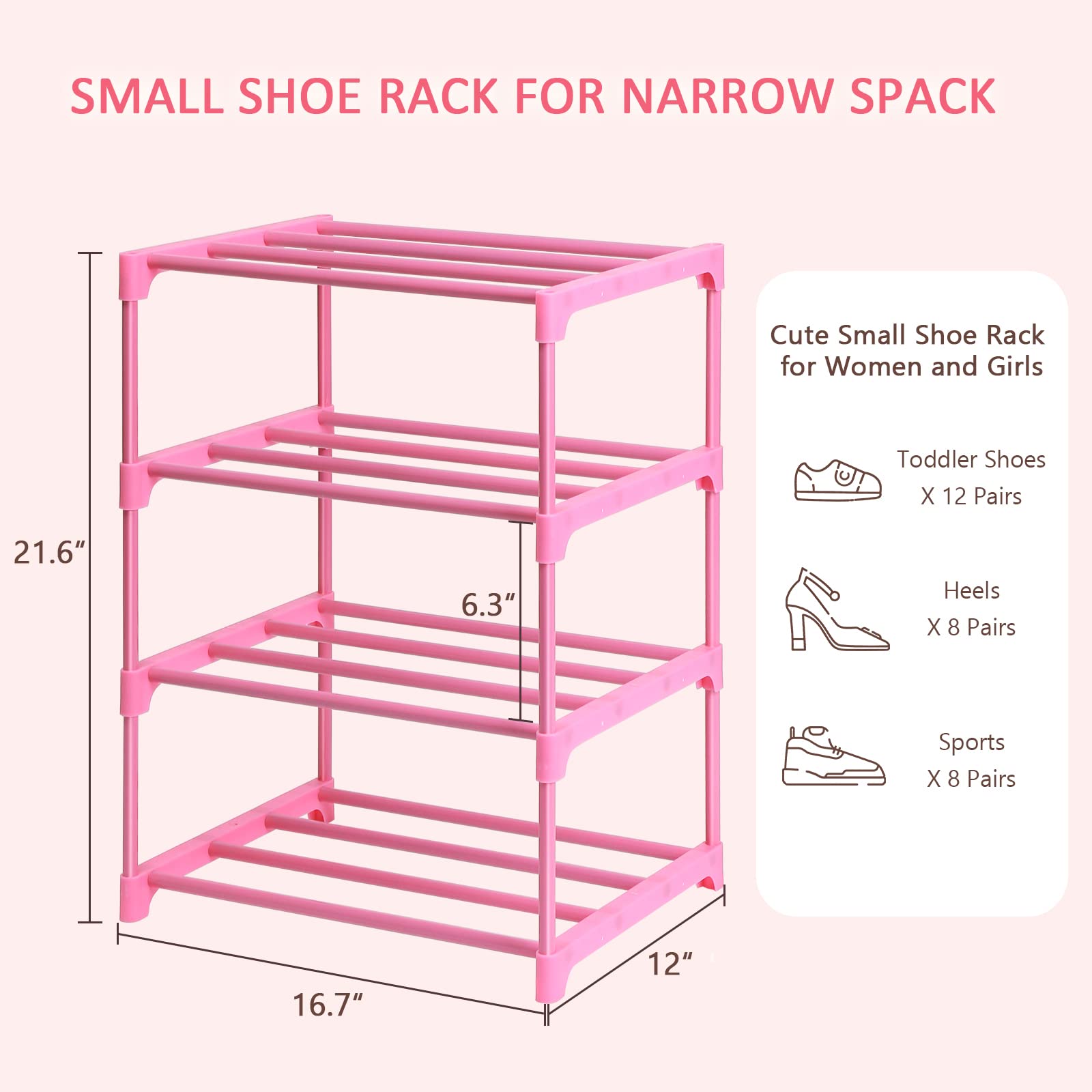 LNYZQUS Small Kids Shoe Rack, 4 Tier Pink Shoe Organizer Shoe Shelf for Closet,Stackable Narrow Shoe Stand Slim Zapateras Organizer,Cute Toddler Shoe Rack Floor for Women & Girls-Full Pink