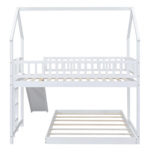 Harper & Bright Designs House Bunk Bed with Slide, Wood Twin Over Full L-Shape Bunk Bed Frame with Roof, Full-Length Guardrail, Built-in Ladder for Kids Teens, No Spring Box Required (White)