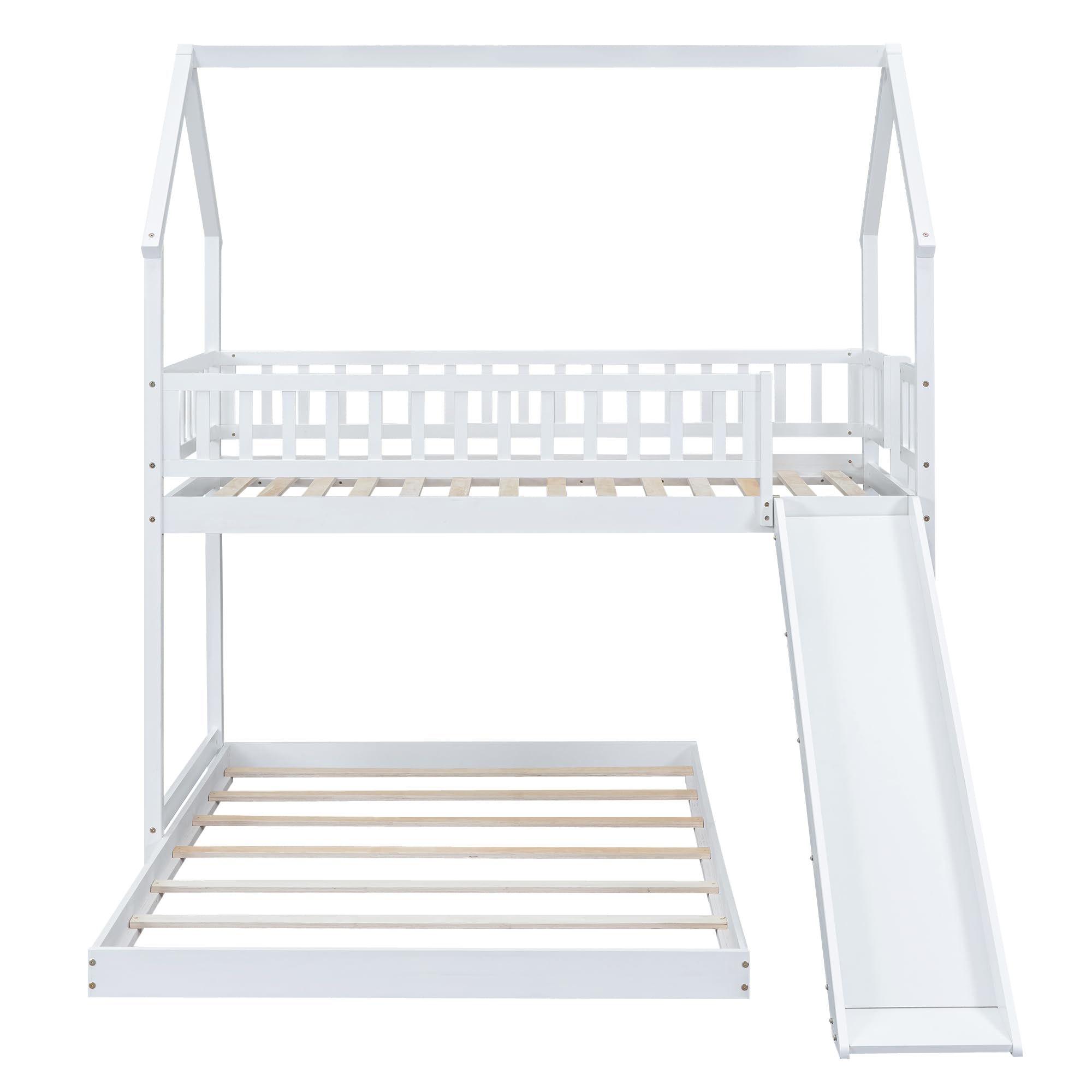 Harper & Bright Designs House Bunk Bed with Slide, Wood Twin Over Full L-Shape Bunk Bed Frame with Roof, Full-Length Guardrail, Built-in Ladder for Kids Teens, No Spring Box Required (White)