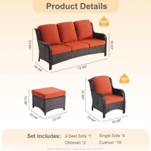 XIZZI Outdoor Furniture Patio Furniture Set 7 Pieces All Weather Wicker Patio Conversation with High Back Sofa Sectional and 2 Ottomans for Garden,Backyard and Deck,Brown Wicker Orange Red