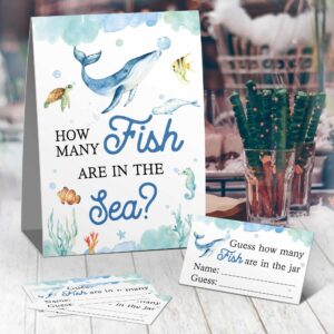 Guess How Many Fish in the Sea Mermaid Party Game ,How Many Candy Sharks Game， Watercolor Ocean Themed Baby Showers Decorations Game(1 Sign+50 Cards),Bridal Showers，Birthday, Funny Party Game