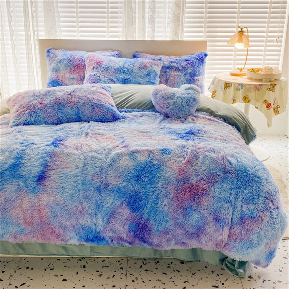 IHOUSTRIY Blue Queen Duvet Cover Set Rainbow Tie Dye Fluffy Girls Bedding Set Queen Size Plush Shaggy Furry Comforter Cover Set for Bedroom Decor (1 Duvet Cover, 2 Pillowcases)