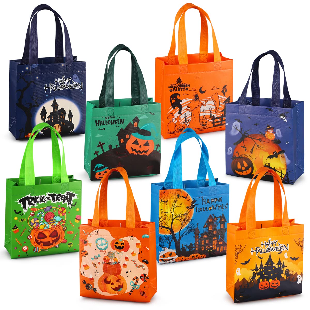 Aviski 8PCS Halloween Trick or Treat Bags, Small Halloween Tote Bags with Handles, Gift Bags, Multifunctional Non-Woven Halloween Bags for Gifts Wrapping, Trick or Treat, Halloween Party Supplies