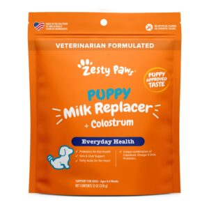 zesty paws puppy milk replacer + colostrum - milk replacement supplement powder for puppies & senior dogs - omega 3 dha, prebiotics & probiotics for dogs - for skin, coat, heart & gut health - 12 oz…