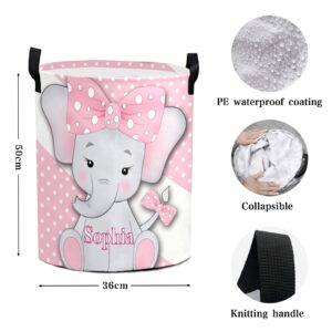 Polka Dot Cute Elephant Large Laundry Basket Custom Name Foldable Clothes Bag Collapsible Fabric Laundry Hamper Folding Washing Bin for Gift, 19.69 inches (height) x 14.17 inches (diameter)