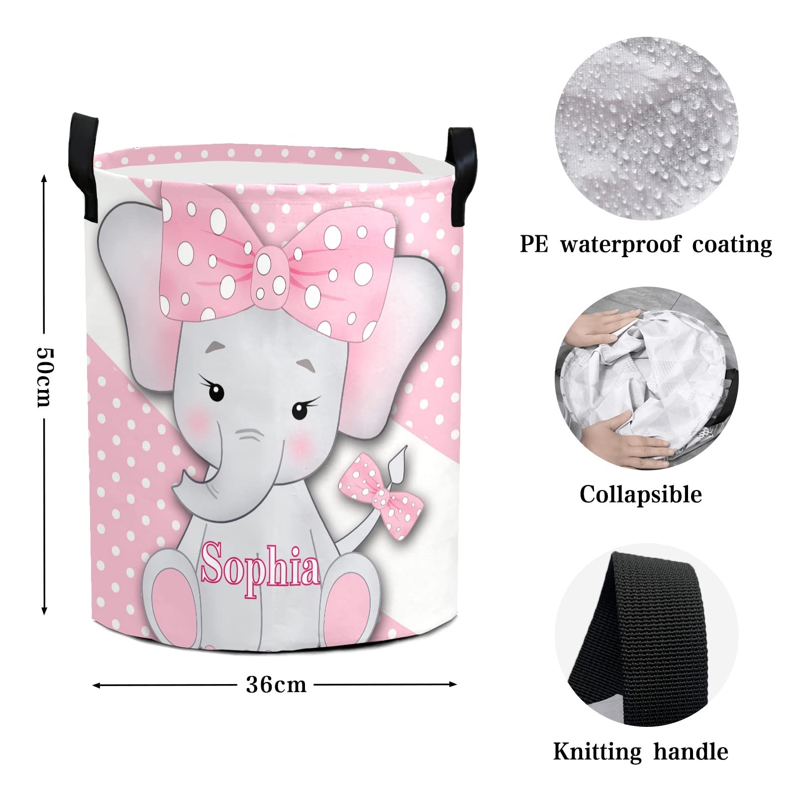 Polka Dot Cute Elephant Large Laundry Basket Custom Name Foldable Clothes Bag Collapsible Fabric Laundry Hamper Folding Washing Bin for Gift, 19.69 inches (height) x 14.17 inches (diameter)