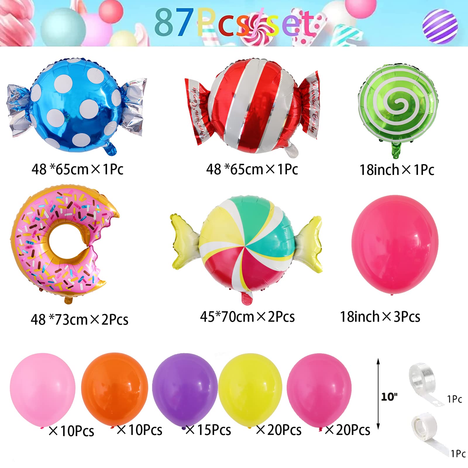 87 Pcs Candy Balloon Garland Arch Kit- Lollipop Mylar Foil Balloon Pink and Yellow Orange Purple Rose Red Balloons for child Birthday Party Baby Shower Background Wall Decor