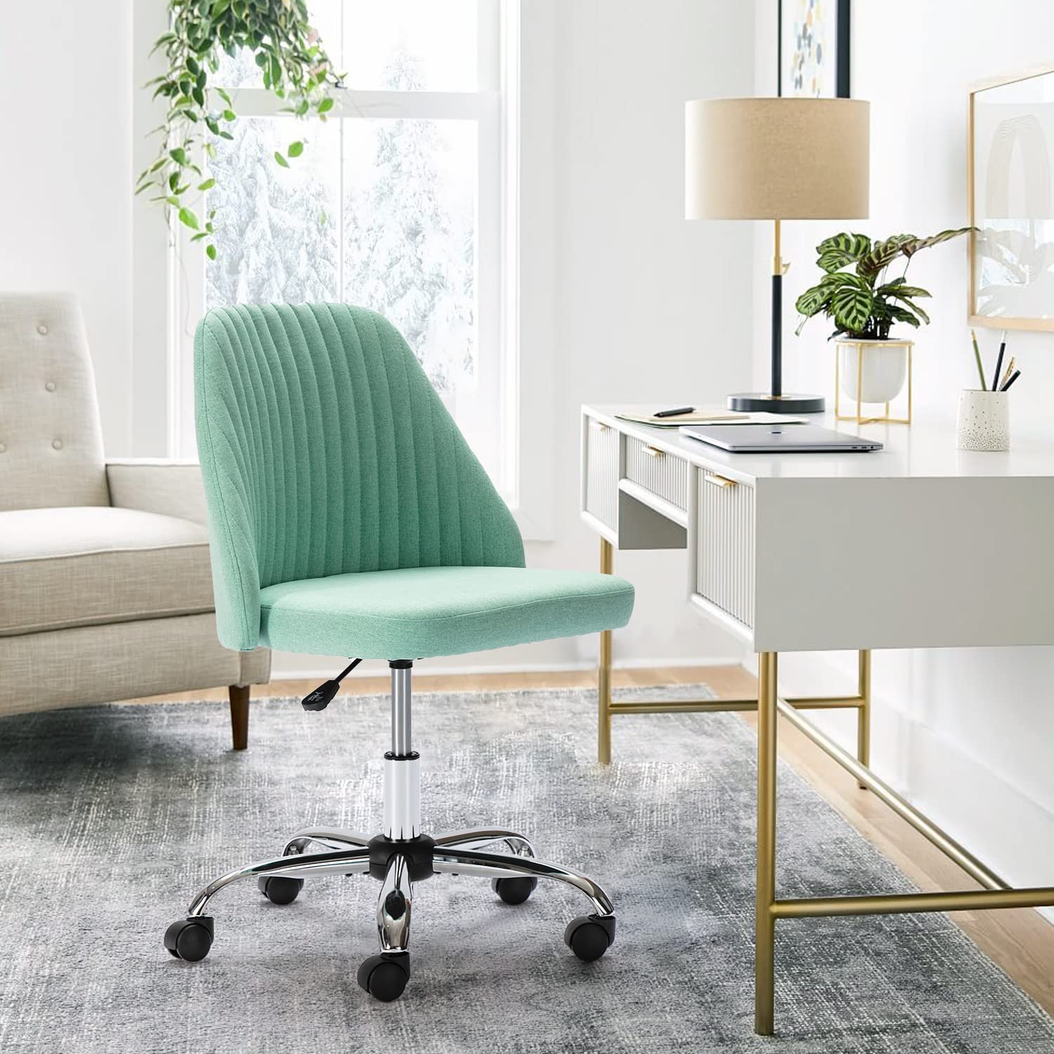 OLIXIS Home Office Desk Chair - Adjustable Rolling Chair, Armless Cute Modern Task Chair for Office, Home, Make Up,Small Space, Bed Room, Green,XX-2776-GN