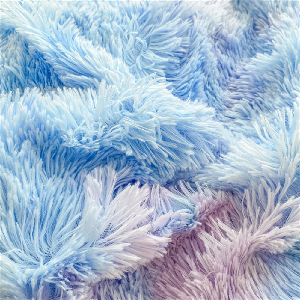 IHOUSTRIY Blue Queen Duvet Cover Set Rainbow Tie Dye Fluffy Girls Bedding Set Queen Size Plush Shaggy Furry Comforter Cover Set for Bedroom Decor (1 Duvet Cover, 2 Pillowcases)