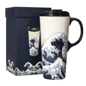 topadorn ceramic coffee mug travel cup gift with lid 17oz., porcelain tall tea cup with handle for home & office, wave art pattern mug with gift box, 6.5''h