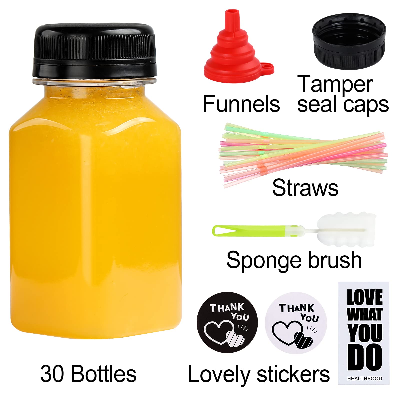 Fhxtcygj 30 Pack 5oz Reusable Empty Plastic Juice Bottles with Leak-Proof Caps Lids, Clear Water Bottle, Recyclable Drink Bulk Containers for Juicing, Smoothie, Milk and Other Homemade Beverages