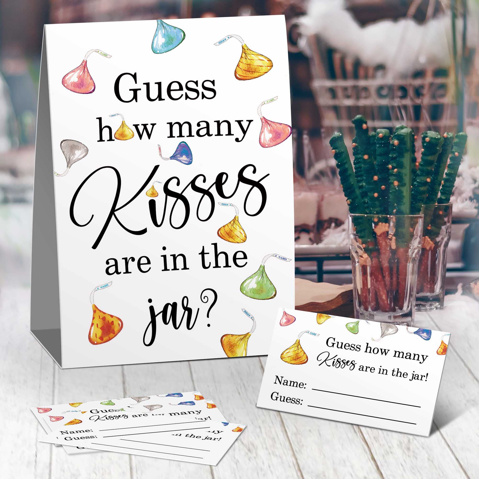 Guess How Many kisses Baby Shower Game, Golden Baby Shower Decorations，Watercolor Chocolate, Bridal Shower, Birthday, Christmas, Thanksgiving，Graduation Season Funny Party Game(1 Sign+50 Cards)