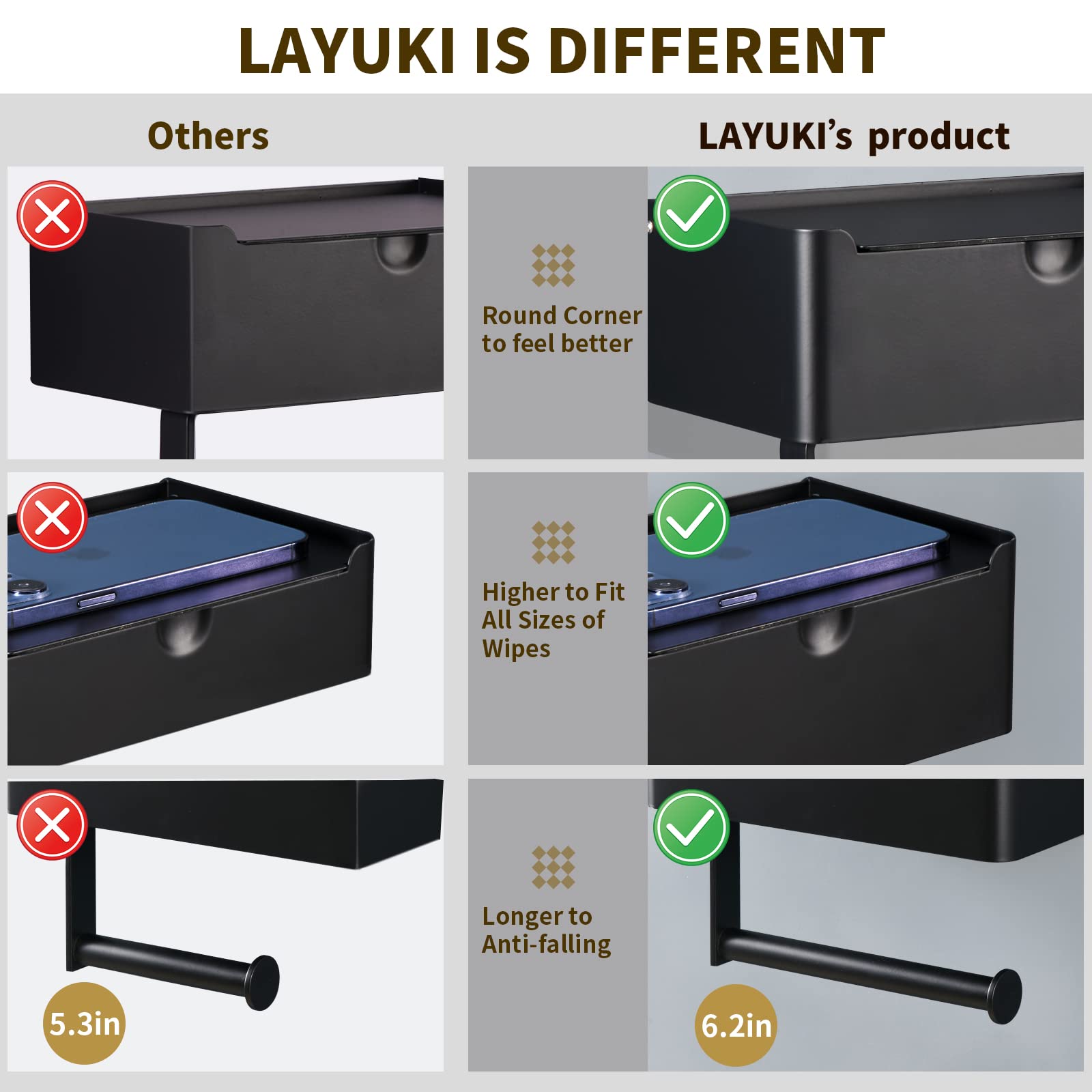 LAYUKI Large Toilet Paper Holder with Shelf, Wipes Dispenser and Storage, Stainless Steel, Wall Mounted, Matt Black, Upgraded Toilet Paper and Flushable Wipes Storage for Bathroom