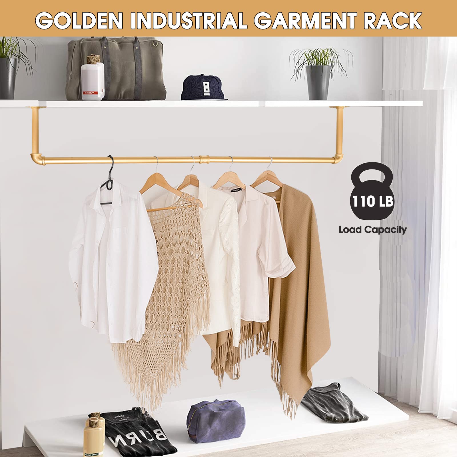 Gold Wall Mount Iaundry Drying Rack - 54" Pipe Garment Rack, Portable Heavy Duty Iron Closet Hanger Rod, Modern Metal Detachable DIY Hanging Bar for Laundry Room and Closet Storage