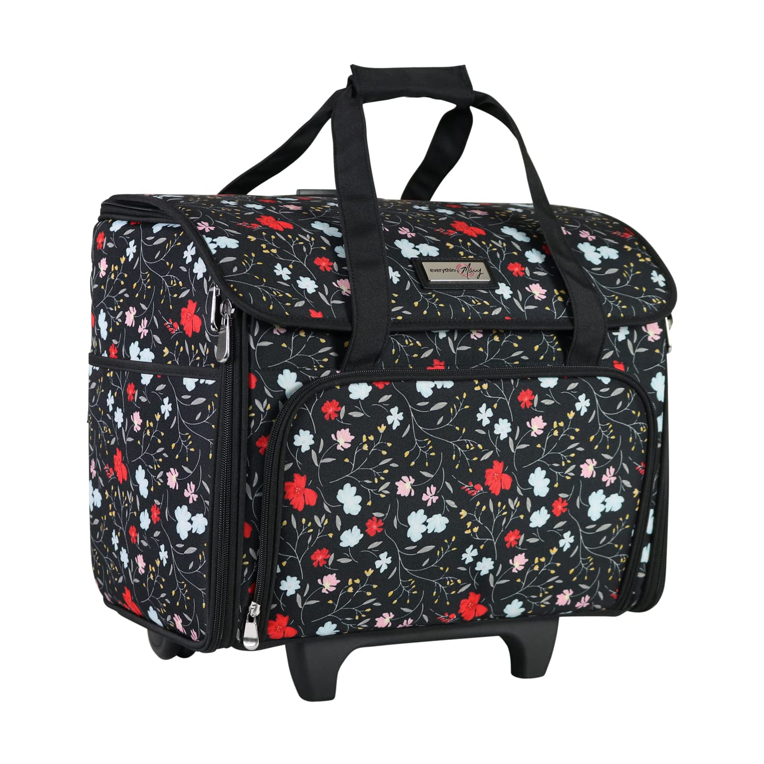 Everything Mary Craft Trolley Bag, Black Floral - Craft Organiser on Wheels for Sewing, Scrapbooking, Paper Craft, and Art - Storage Case for Supplies and Accessories