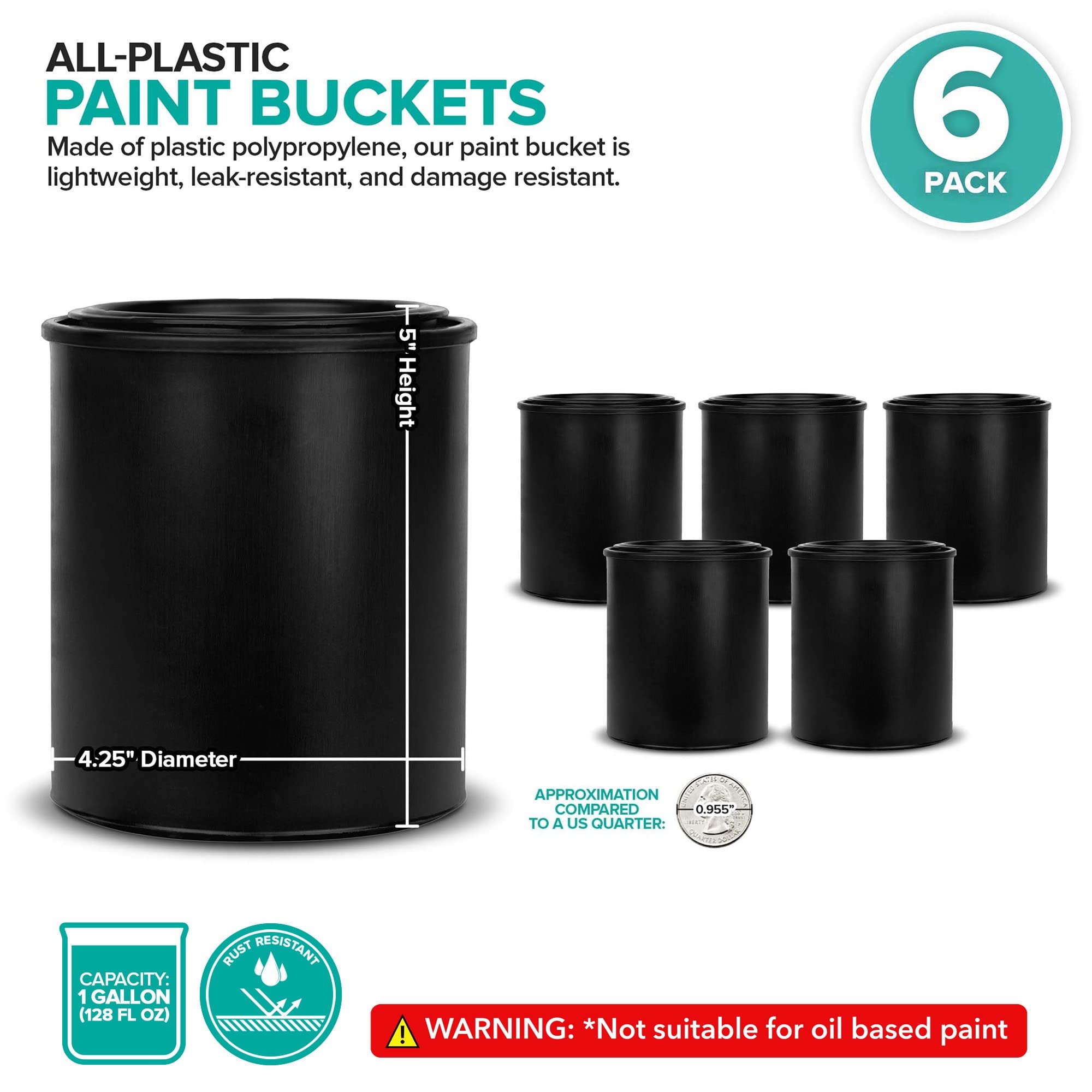 1-Quart Plastic Paint Bucket (6 Pack) - Triple Lock Airtight Seal - Minimizes Skimming - Rust Proof - Odor & Chemical Resistant - 32 Fl Oz All-Plastic Paint Can with Snap On Lid - Stock Your Home