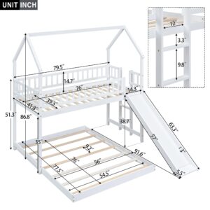 Harper & Bright Designs House Bunk Bed with Slide, Wood Twin Over Full L-Shape Bunk Bed Frame with Roof, Full-Length Guardrail, Built-in Ladder for Kids Teens, No Spring Box Required (White)