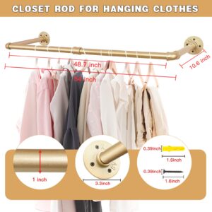 Gold Wall Mount Iaundry Drying Rack - 54" Pipe Garment Rack, Portable Heavy Duty Iron Closet Hanger Rod, Modern Metal Detachable DIY Hanging Bar for Laundry Room and Closet Storage