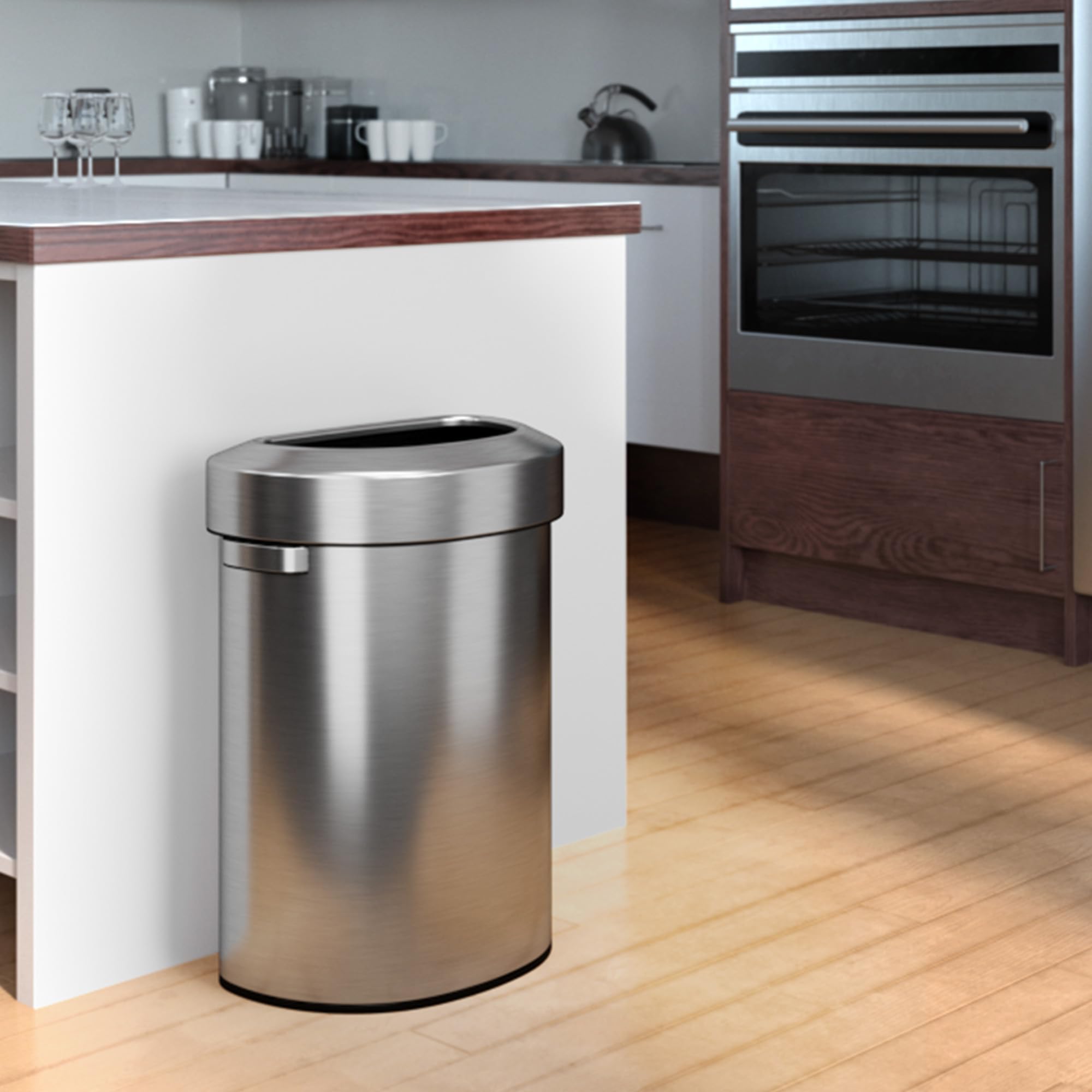 iTouchless 23 Gallon Stainless Steel Semi-Round Open Top Trash Can and Recycle Bin, 87 Liter, Slim and Space-Saving Design for Home, Office, Kitchen, Restaurant, Restroom, Large Capacity