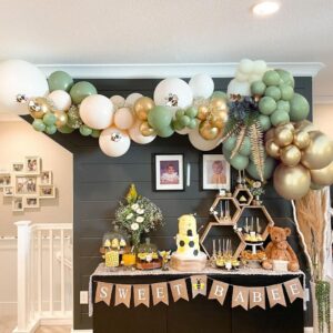 Sage Green Gold White Balloons Set, 50pcs 12 Inch Retro Sage Green Gold White Party Balloons Confetti Balloons with Ribbon for Birthday Wedding Baby Shower Graduation Eucalyptus Party Decorations