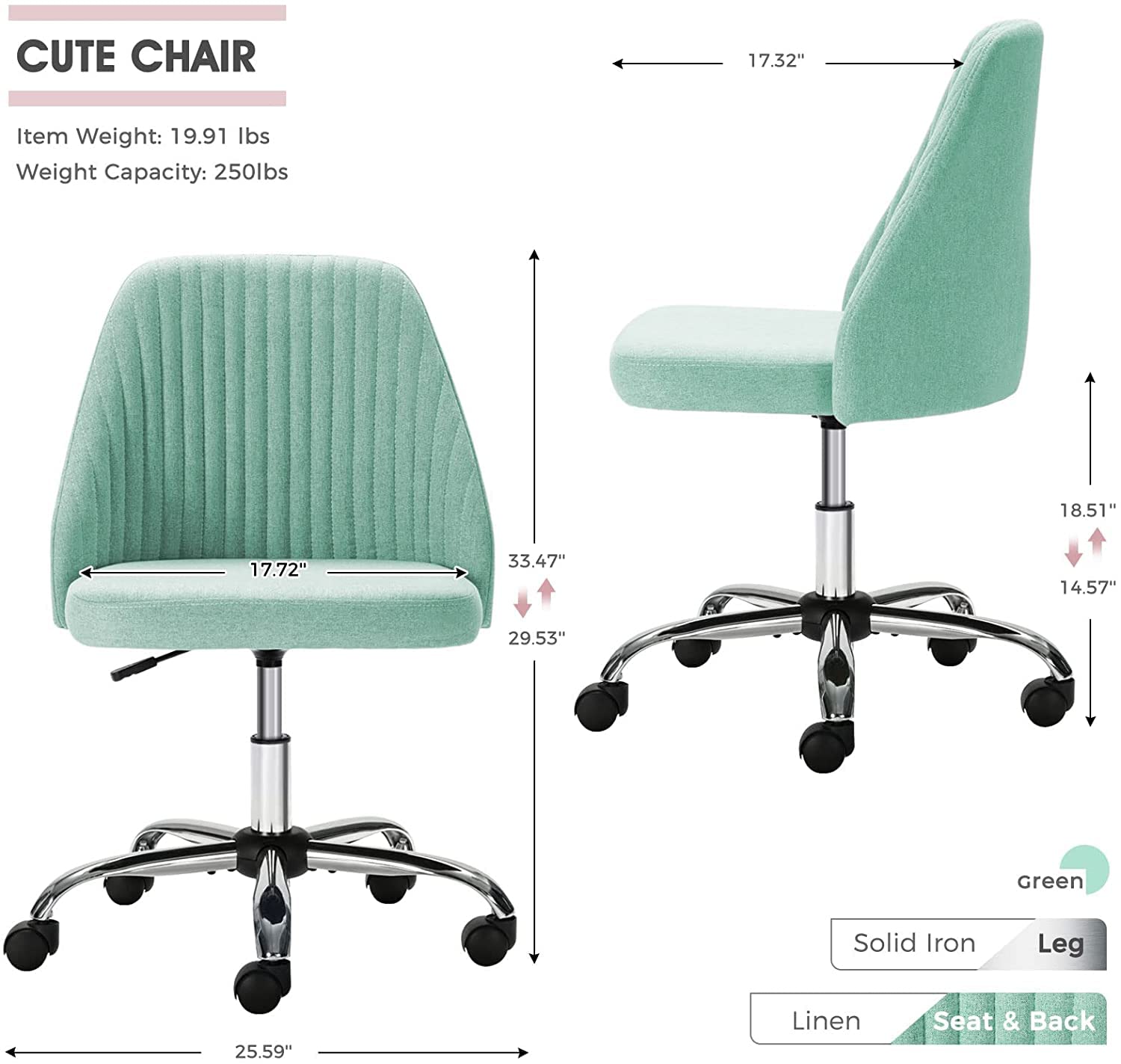 OLIXIS Home Office Desk Chair - Adjustable Rolling Chair, Armless Cute Modern Task Chair for Office, Home, Make Up,Small Space, Bed Room, Green,XX-2776-GN