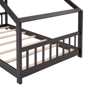 Harper & Bright Designs Kids House Beds Twin, Wooden Montessori Bed, Kids Twin House Bed with Headboard & Footboard, Twin Bed Frame for Kids Boys Girls Teens, No Box Spring Need (Twin, Espresso)