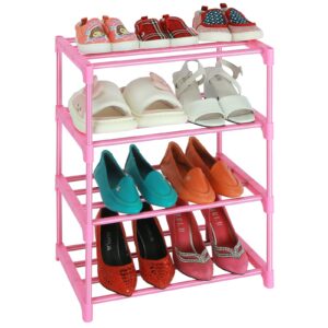 lnyzqus small kids shoe rack, 4 tier pink shoe organizer shoe shelf for closet,stackable narrow shoe stand slim zapateras organizer,cute toddler shoe rack floor for women & girls-full pink