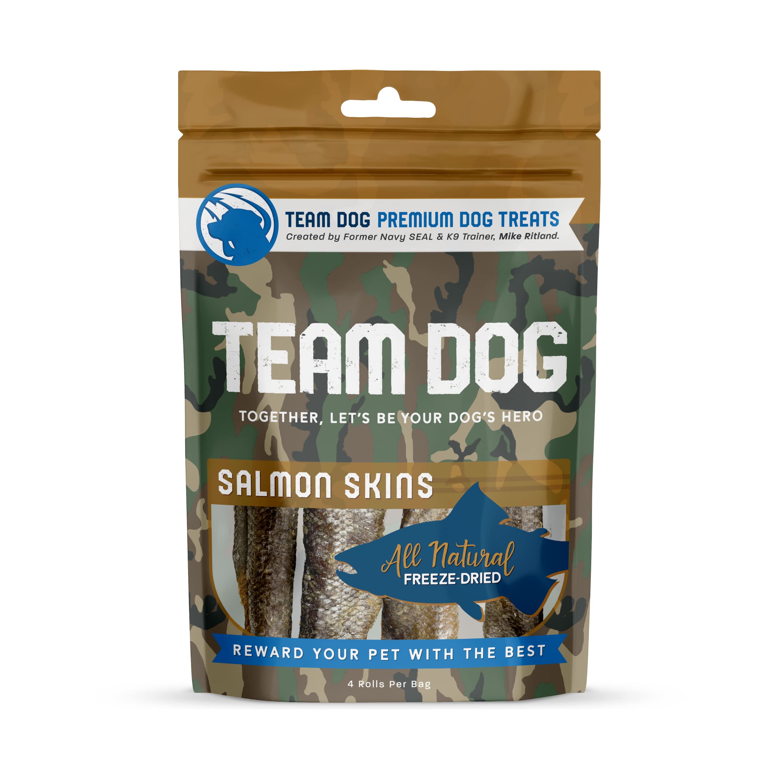 Team Dog Wild Alaskan Salmon Skin Treats for Dogs | Gluten Free, Grain Free Single Ingredient Dog Treat | Freeze Dried Dog Treats Rich in Omega 3 | Promotes Healthy Skin & Coat | 4 Dog Chews per Bag